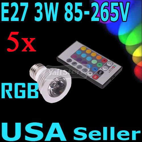 E27 16 Color Changing 3W RGB LED Light Bulb Lamp 85~265V + IR Remote 