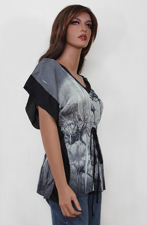 New Sublimation Gray Floral Print Kimono Tunic Top V Neck Empire USA 