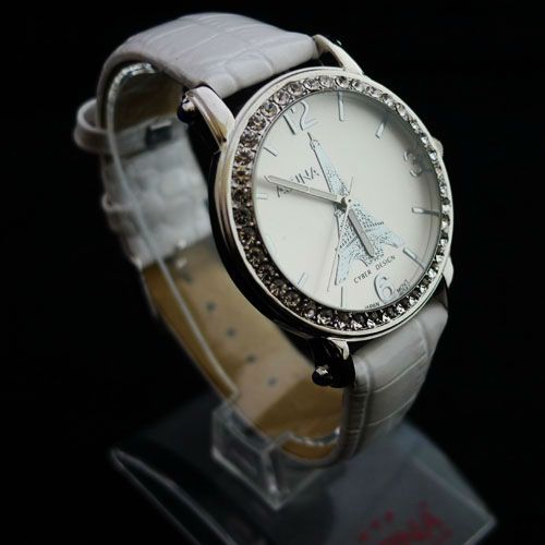 New Crystal Decorated Eiffel Tower ladies women white leather wrist 