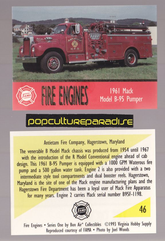   MODEL B 95 PUMPER FIRE TRUCK ENGINE CARD Antietam Hagerstown, Maryland