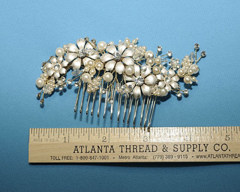 IVORY MATTE FLOWERS CRYSTAL STONES/PEARLS HAIR COMB  