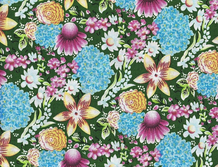Quilt Quilting Fabric Watercolor Floral Green Purple Blue Gold White 