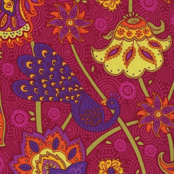 BRIGHT JACOBEAN FLORAL PEACOCKS~ Cotton Quilt Fabric  