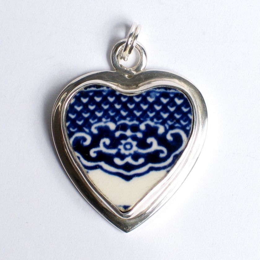 Broken China Jewelry Blue Willow Crest Sterling Silver Charm  
