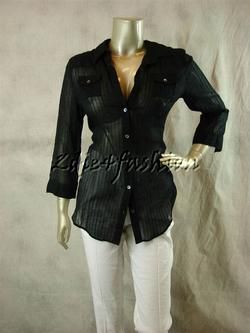225 New ELIZABETH & JAMES Sheer Black Stripe Back Zipper Cotton Shirt 