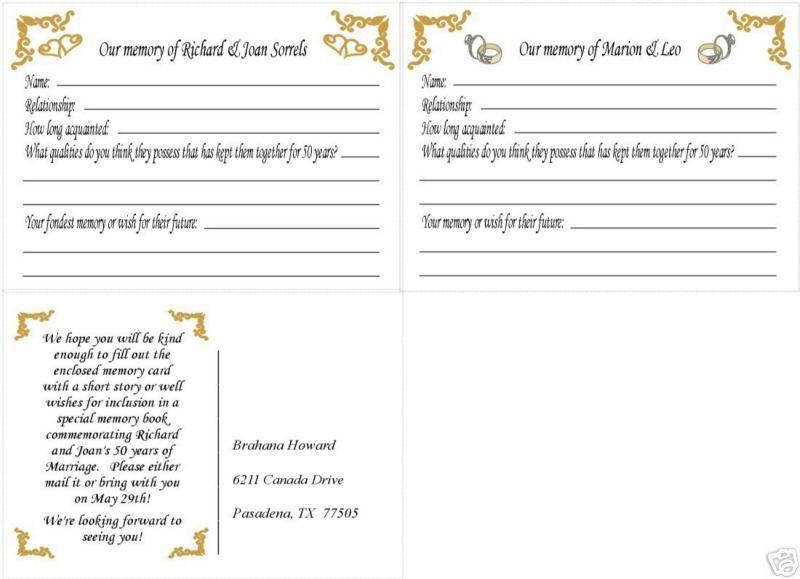 50th WEDDING ANNIVERSARY MEMORY CARDS POSTCARD SIZE  