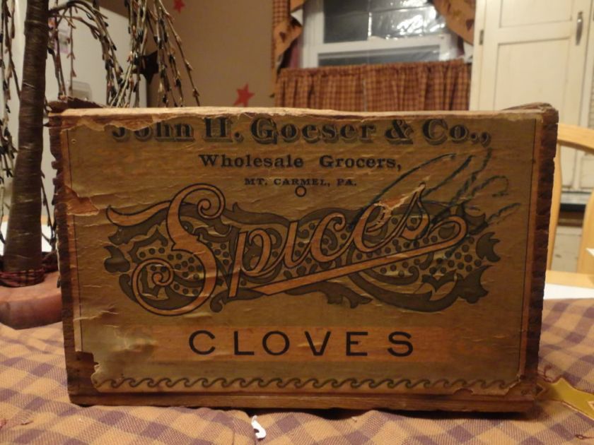 VINTAGE JOHN GOESER WOODEN SPICE CRATE MOUNT MT CARMEL PA WOOD BOX 